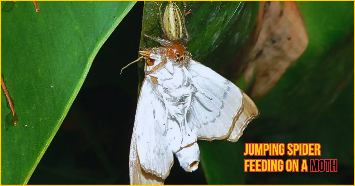 Jumping spider feeding on a moth