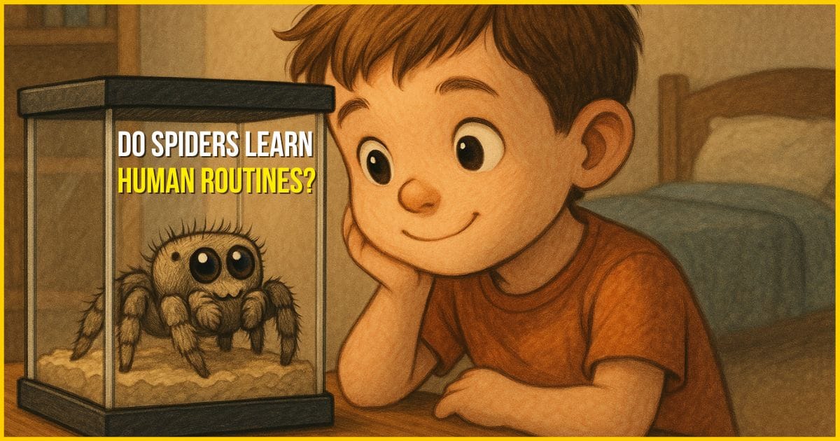 A boy watching his pet jumping spider in his room and his spider is also watching that boy cutely.